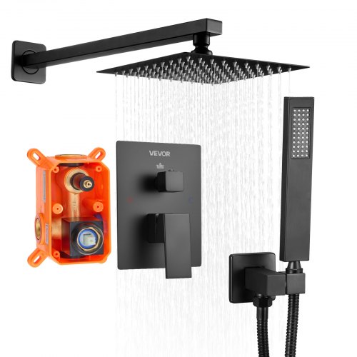VEVOR Shower Faucet Set, Rainfall Bathroom Shower System with 8-Inch (20.3cm) Square Rain Shower Head and Handheld Spray, Wall Mounted Bath Fixtures with Brass Valve and Trim Kit, Matte Black