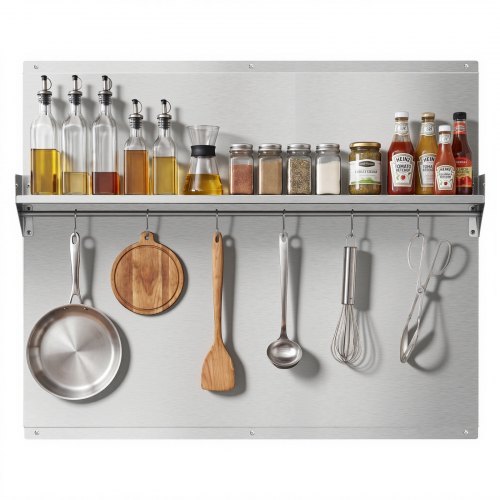 VEVOR 91x76 cm Stainless Steel Backsplash for Stove, Ultra Flat Splatter Guard with Storage Shelf & Hanging Rack, Wall Shield Range Hood Panel, Easy Clean, Pre-Drilled Holes for Easy Installation