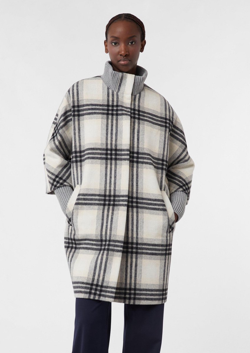 Kariertes Flanell-Wollmantel mit Strickdetails Damen COMMA