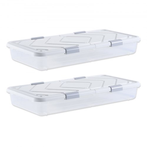 VEVOR Under Bed Storage with Wheels, 1010 x 510 x 150 mm Underbed Containers, Underbed Shoes Organizer with Lid and Gray Latch, Rolling Under the Bed Storage Bins for Clothes Shoes Blankets, 2 Pack