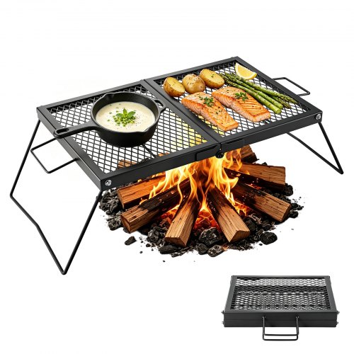 VEVOR Heavy Duty Folding Campfire Grill, 61cm Portable Camping Grill Grate, Sturdy Steel Mesh, Compact Equipment Over Fire Pit, w/ Legs and Handle, Grilling Rack for Outdoor Open Flame Cooking, Black
