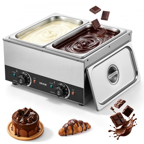 VEVOR 2-Temp Knob Chocolate Melting Machine, 2 Tanks 8.2 kg Choc Melter, 1600W Power, Independent Temp Control, Water Bath Heat System, Stainless Steel, 30℃ to 85℃, Cheese Warmer, Commercial & Home