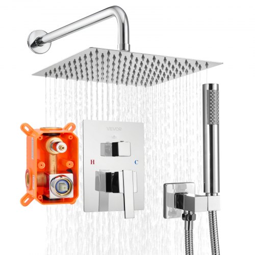 VEVOR Shower Faucet Set, Rainfall Bathroom Shower System with 10-Inch (25.4cm) Square Rain Shower Head and Handheld Spray, Wall Mounted Bath Fixtures with Brass Valve and Trim Kit, Silver Chrome