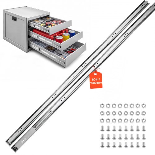 VEVOR Heavy Duty Drawer Slides, 150 cm 120.2 kg Load Side Mount Rails, for Cabinets, Kitchen, Workbench, RV, 3-Fold Full Extension Ball Bearing Rails, Carbon Steel, with Screws & Nuts, 1 Pair