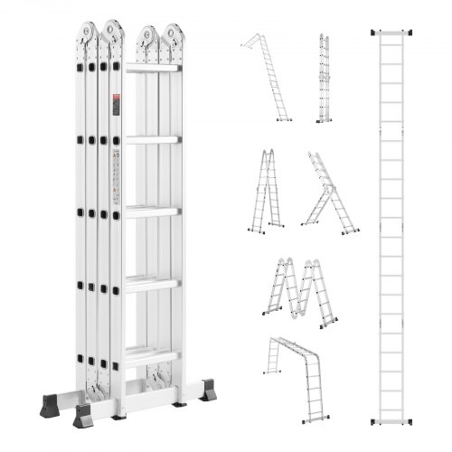 VEVOR Multi-Purpose Folding Ladder, 7-in-1 Tall Extension Step Ladder, A Frame 5 Step Telescoping Ladder, 19ft Reach Height Heavy Duty Adjustable Ladder, 330 lbs Capacity for Home Outdoor Metal