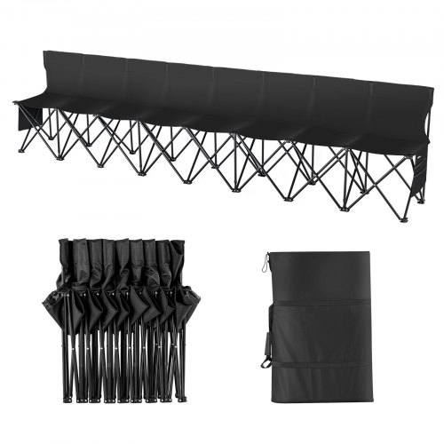 VEVOR Portable Folding Bench, 8 Seat Foldable Soccer Bench with Side Pockets and Carrying Bag, Lightweight Sideline Seating with Back Rest for Football, Baseball, Camping, Outdoor Events, Black
