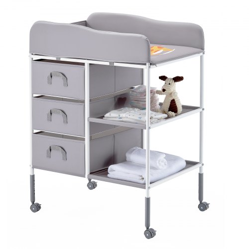 VEVOR Baby Changing Table, Portable Diaper Change Station with 3 Fabric Drawers and Lockable Wheels, Adjustable Height Multi-Functional Changing Station Table with Storage Organizer Nursery, Gray