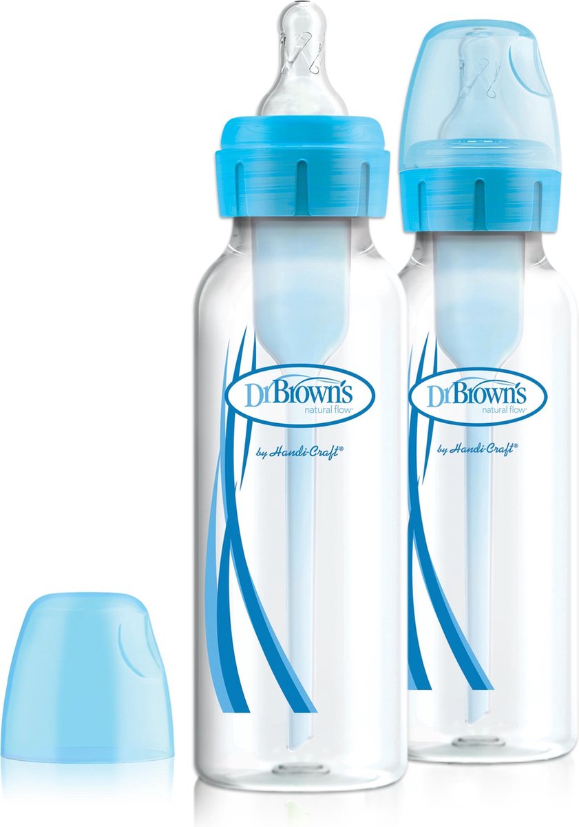 Dr. Brown's Options+, Standard-Antikolik-Flasche mit engem Hals und Sauger Größe 1, blau, ab Geburt, 2 x 250 ml