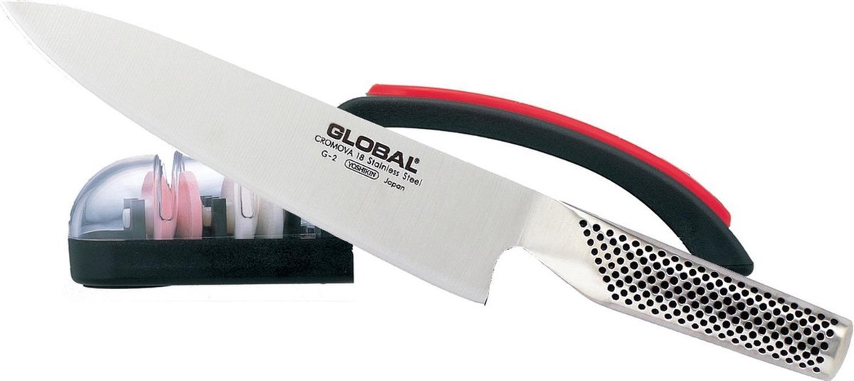 Global G-220BR Starterset 2-teilig mit Kochmesser G-2 & minoSharp Schleifer 220BR