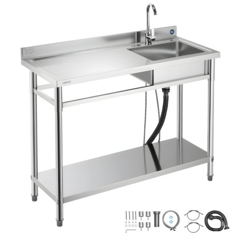 VEVOR Stainless Steel Utility Sink, Free Standing Single Bowl Commercial Kitchen Sink with Faucet, Utility Left Basin Workbench with Hot & Cold Water Pipe for Garage Restaurant Laundry, 1200x500x940mm