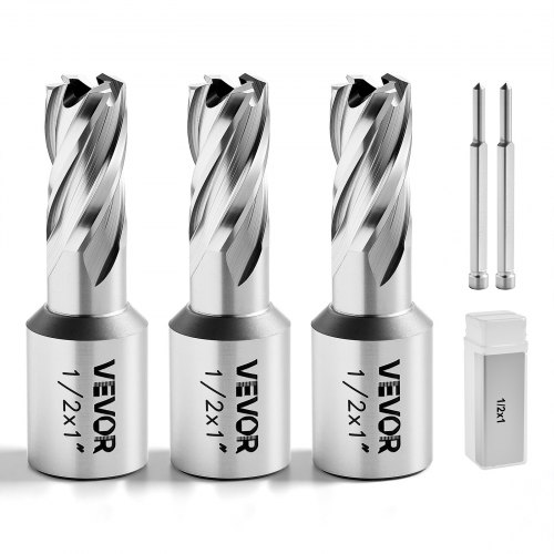 VEVOR Annular Cutter Set, 5 pcs Weldon Shank Mag Drill Bits Kit, 25.4 mm Cutting Depth, 12.7 mm Cutting Diameter, HSS, 3 Drill Bits with 2 Pilot Pins and 3 Plastic Cases, for Magnetic Drills, Steel