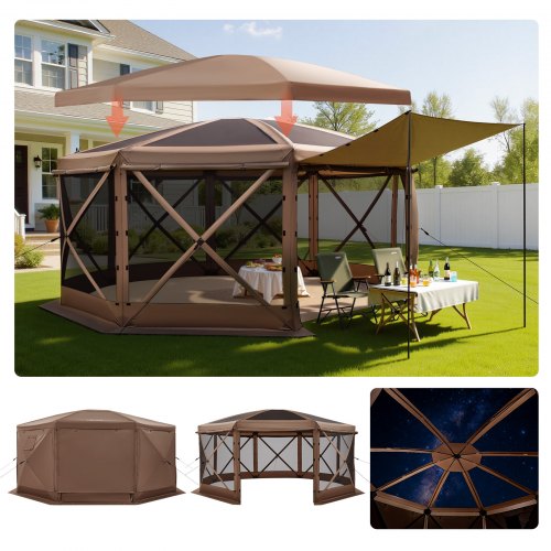 VEVOR Pop up Gazebo Screen Tent, 4.57x4.57 m Large 8-Sided Camping Canopy Tent with Removable Top & Carry Bag, Quick-Set & Bite-Proof, Screen House Sun Shelter for 12-15 Persons Backyard Patio, Brown