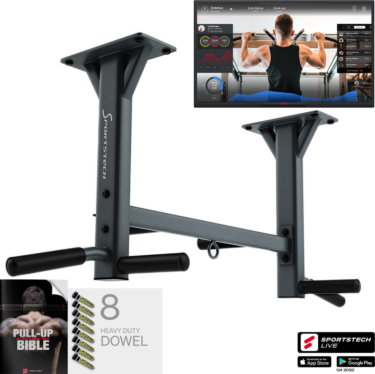Sportstech Klimmzugstange KS400, Easy-Folding Funktion, extrabreite Ankerplatten, 3-Schichtiger Schaumstoffgriff, 3 integrierte Trainingsösen