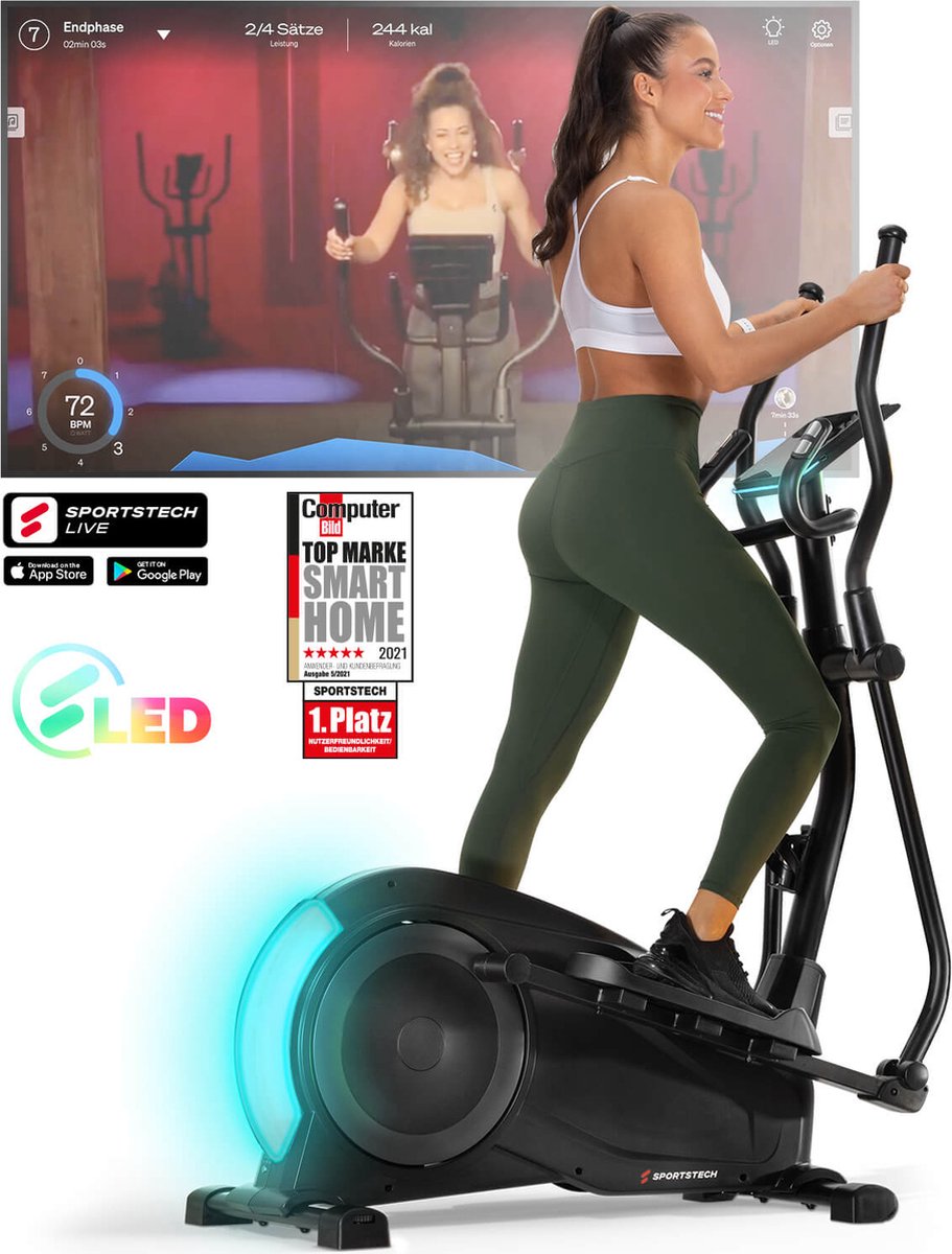 Sportstech Crosstrainer CX700, Ellipsentrainer, Ausdauertraining, Cardiotraining, mit LED Beleuchtung, pulsbasierte LED-Anzeige, App-kompatibel, mit Smartphone Halterung, 24 Stufige Widerstandseinstellung, 12 Trainingsprogramme