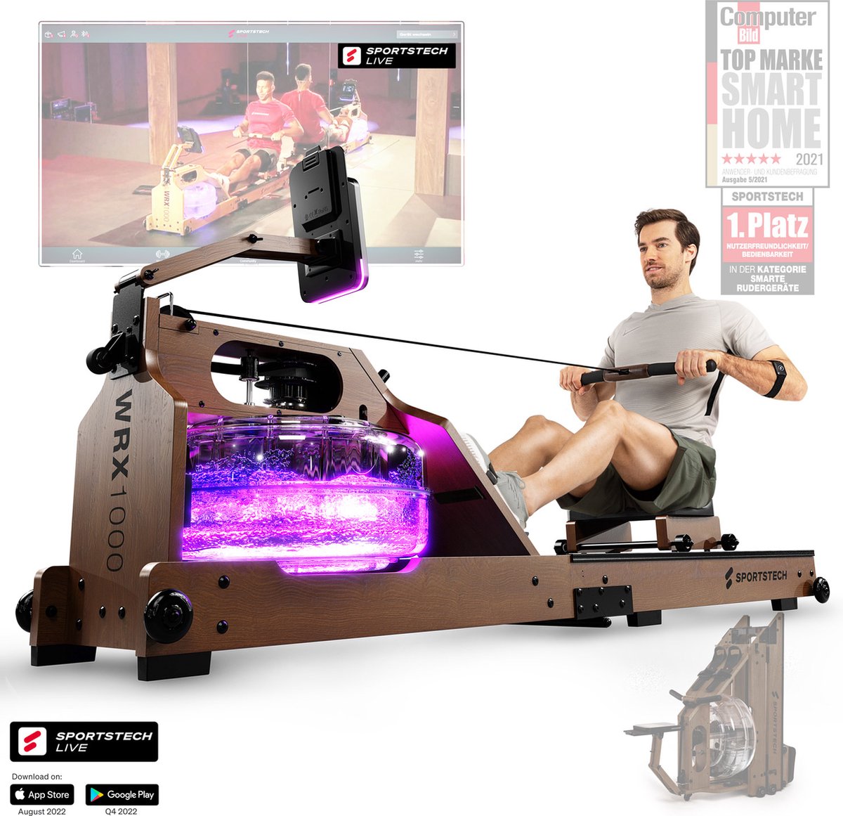 Sportstech Wasser-Rudergerät WRX1000 dunkelbraun, App-kompatibel, mit Wassertank, mit LED-Beleuchtung, 3-1 Widerstandsystem, mit LCD Display, mit Tablet-Halterung