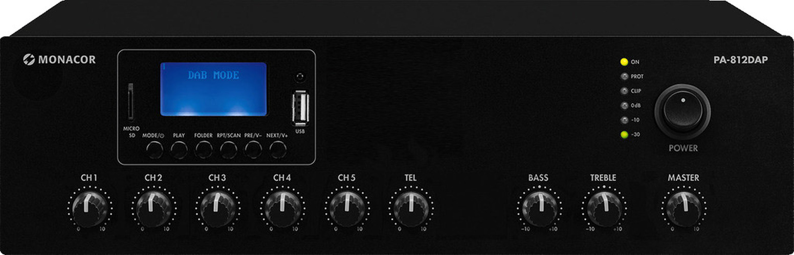 MONACOR PA-812DAP ELA-Mono-Class-D-Mischverstärker, MP3, USB/SD, FM, DAB+, BT, 120 W