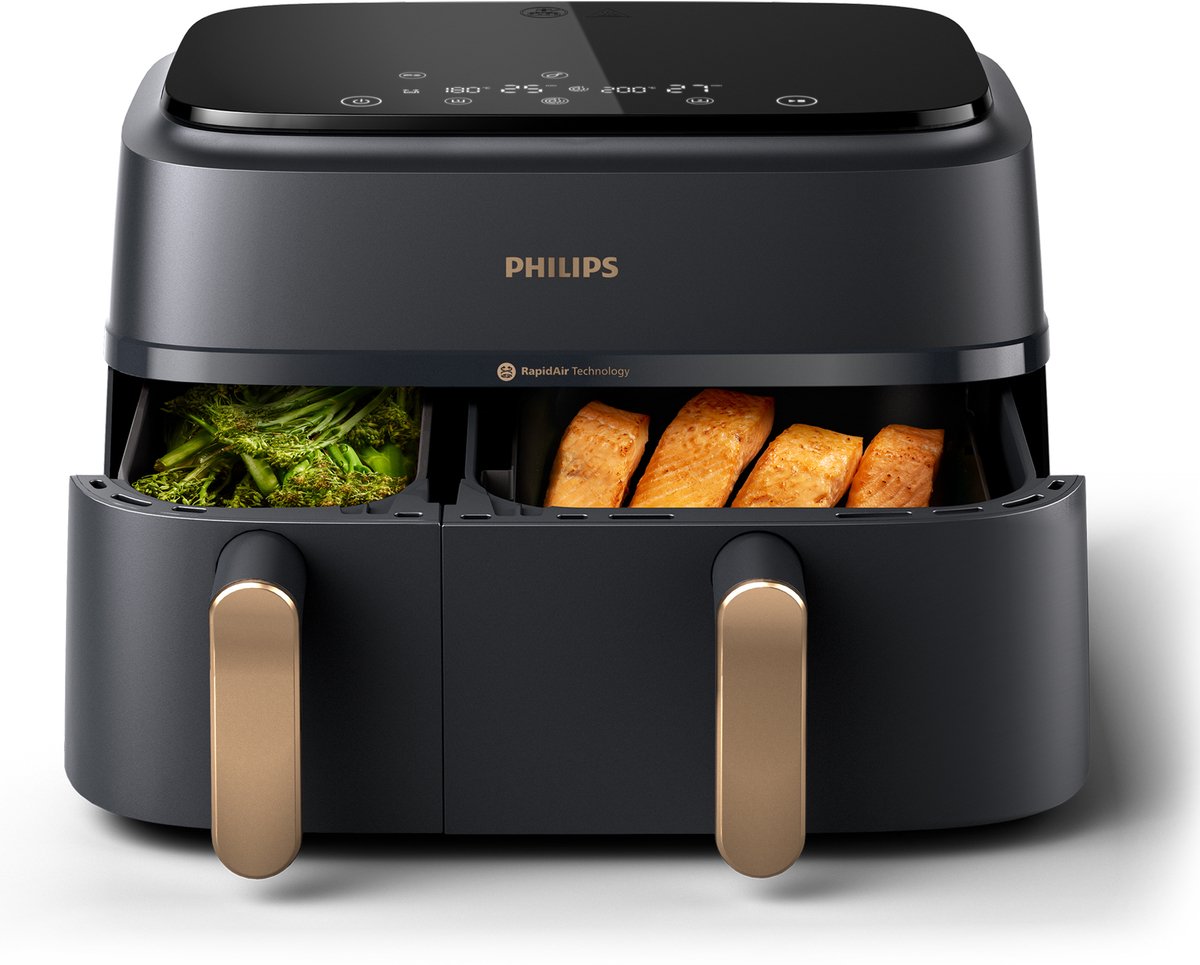 Freidora de aire Philips NA352/00, 2 cestas, 9 litros, 2750W, negro y dorado