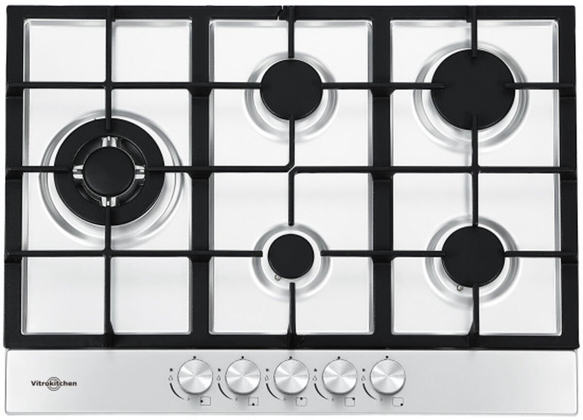 Placa de gas Vitrokitchen EN73IB, 5 zonas, 70 cm, Wok, inox