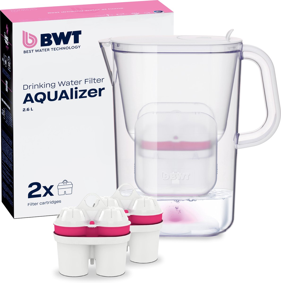 BWT AQUAlizer Baselight vattenfilterkanna med elektronisk timer, 2,6 l – Vit + 2 magnesiumfilter