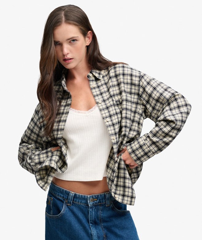 Superdry Damen Kariertes Flanellhemd Lockere Passform White - Größe: 40