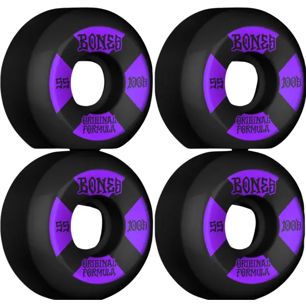 Ruedas Skate Bones 100's OG Formula V5 4 Piezas (55mm - Negro/Lila)