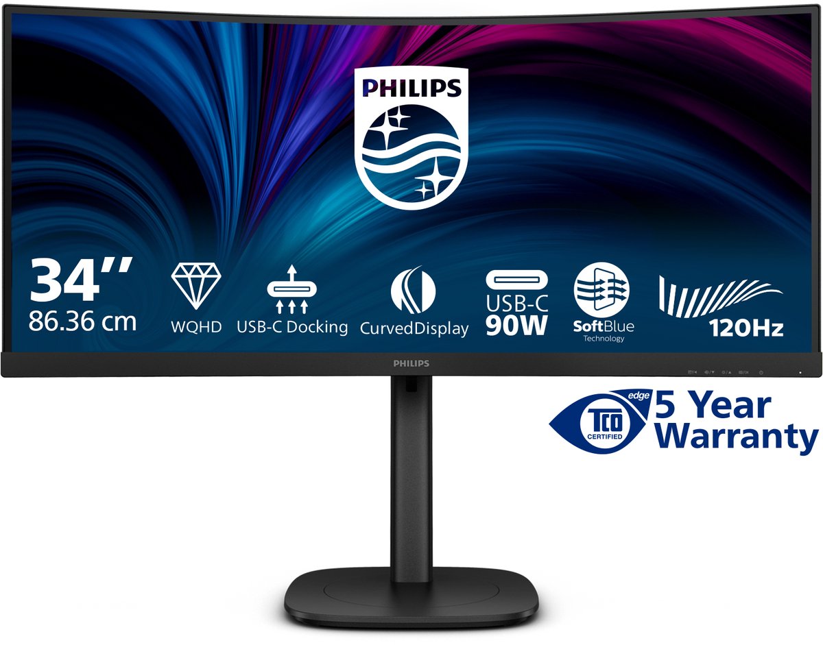 Philips Monitor Curvo 34 LED Va WQHD 21:9 4MS 300 Cdm, Reg Altezza, DP/Hdmi, Multimediale 34b2u3600c