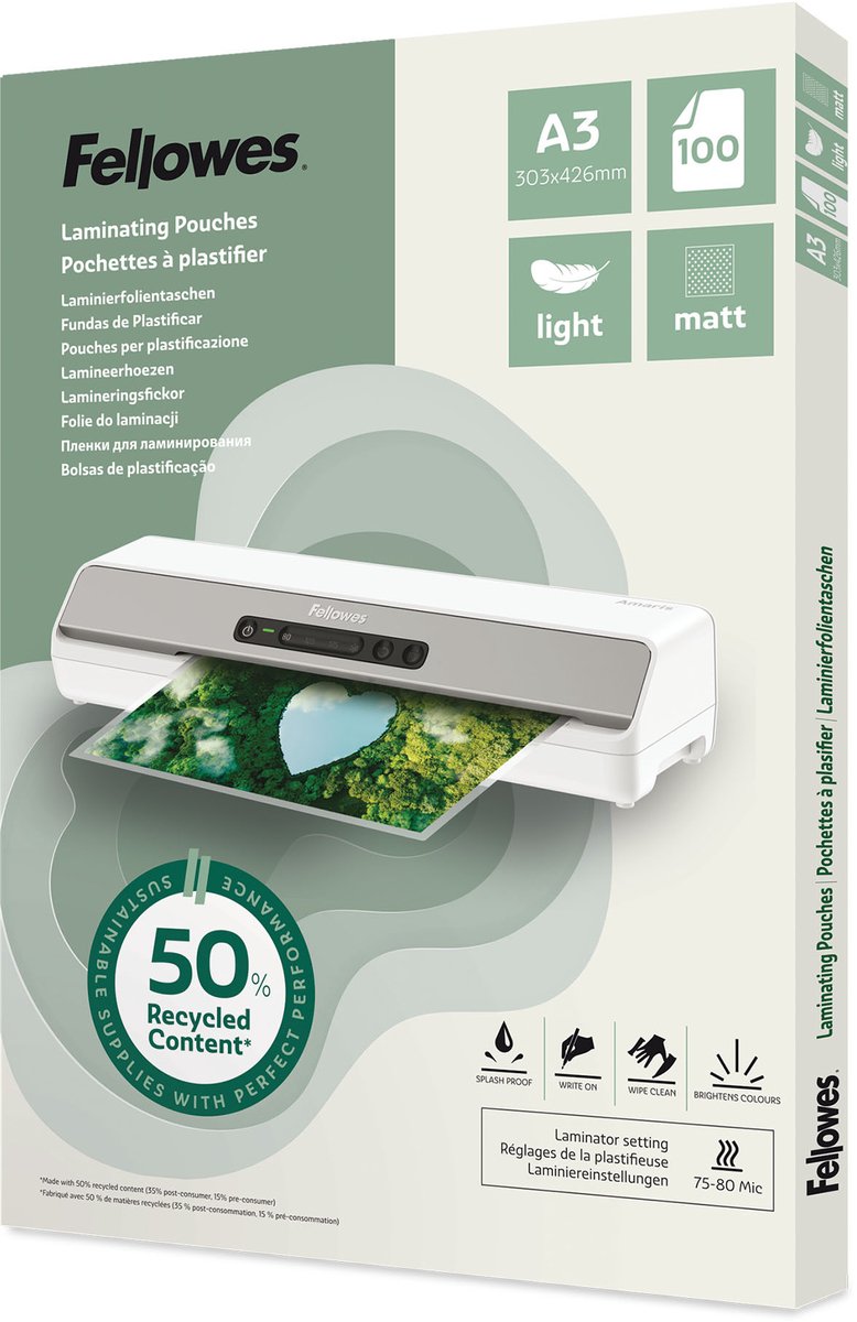 Fellowes Pouches A3 Con 50 Contenuto Riciclato - Spessore Leggero Opache Conf. 100 100143436