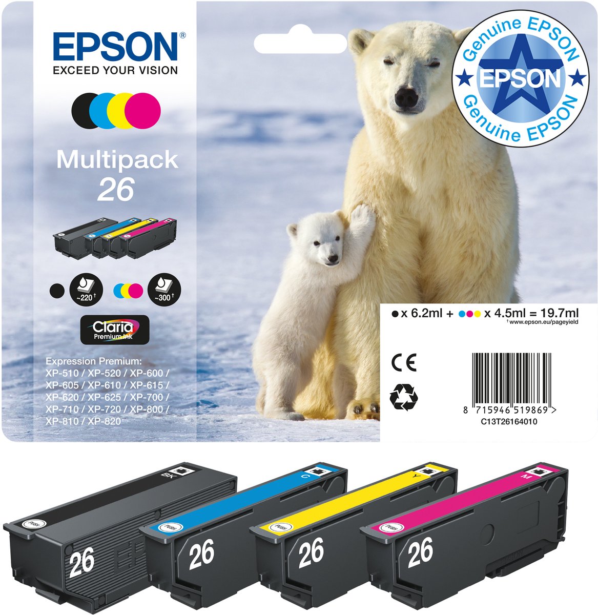 Epson Multipack 26 Ncmg 4PZ Con Antitaccheggio Expression Premium XP-600 XP-650 Xp 700 XP800 C13T26164020