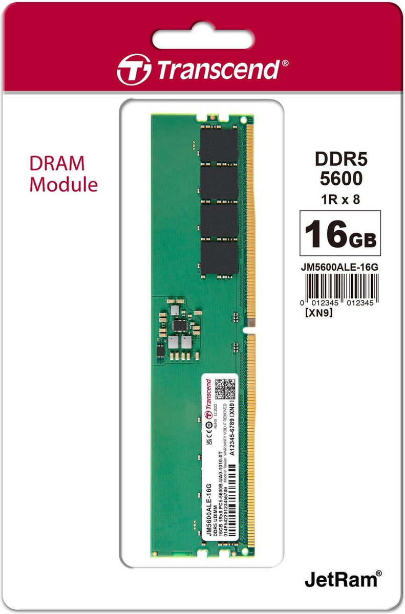 Transcend 16GB Jm DDR5 5600 U-Dimm 1Rx8 2Gx8 CL46 1.1V JM5600ALE-16G