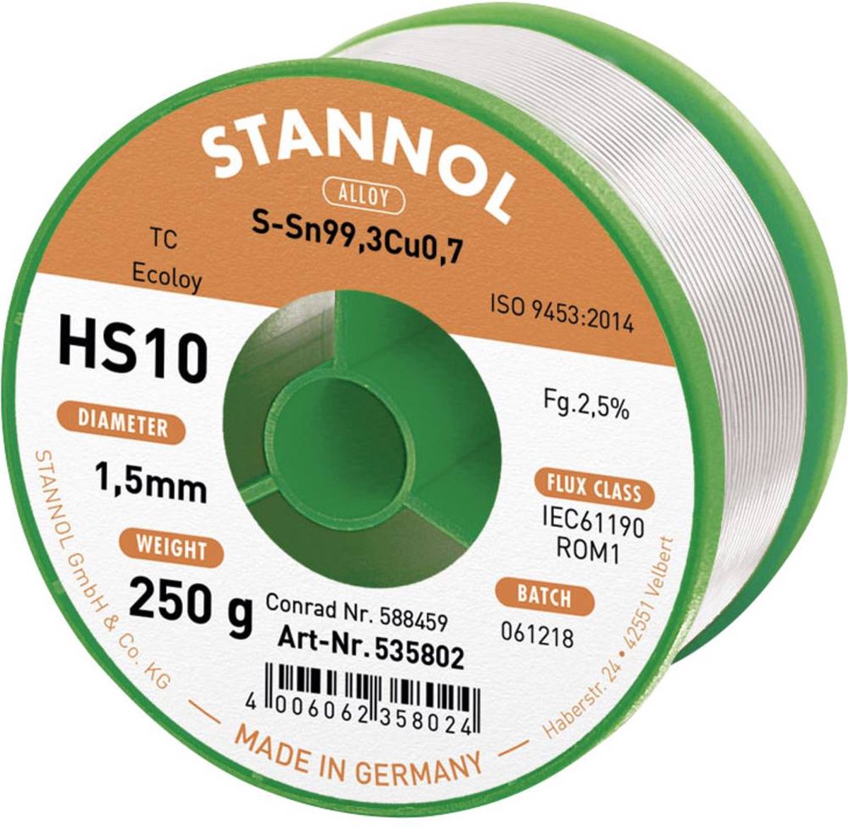 Stannol HS10 2510 Étain à souder sans plomb bobine Sn99,3Cu0,7 ROM1 250 g 1.5 mm