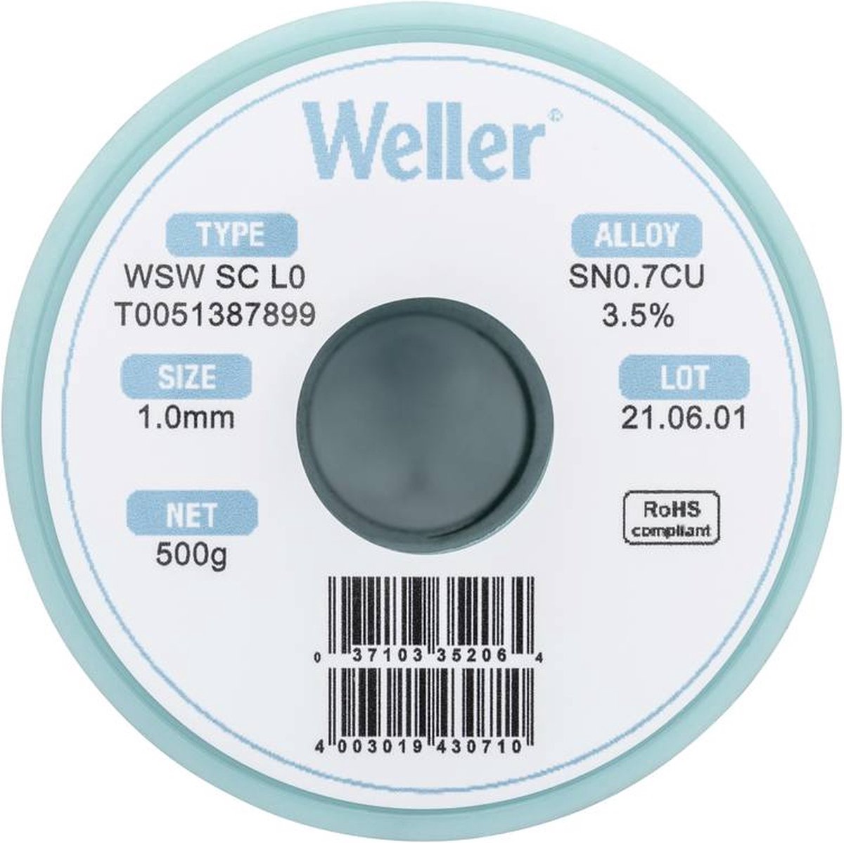 Étain à souder sans plomb Sn0,7Cu 1 mm Weller WSW SC L0 bobine 500 g