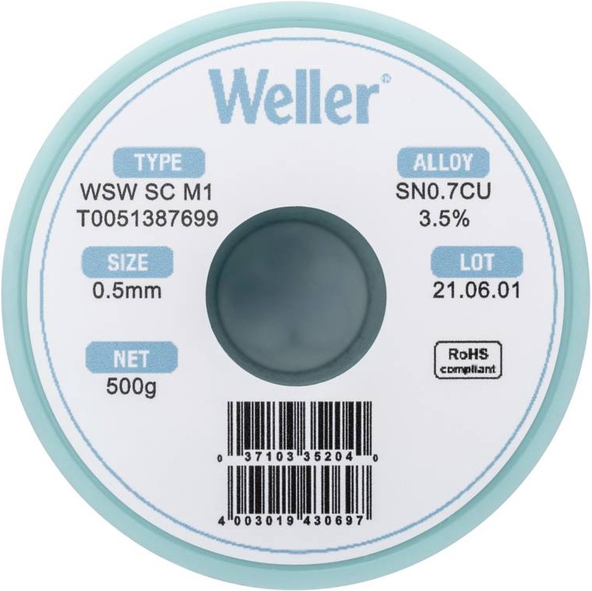 Étain à souder sans plomb Sn0,7Cu 0.5 mm Weller WSW SC M1 bobine 500 g