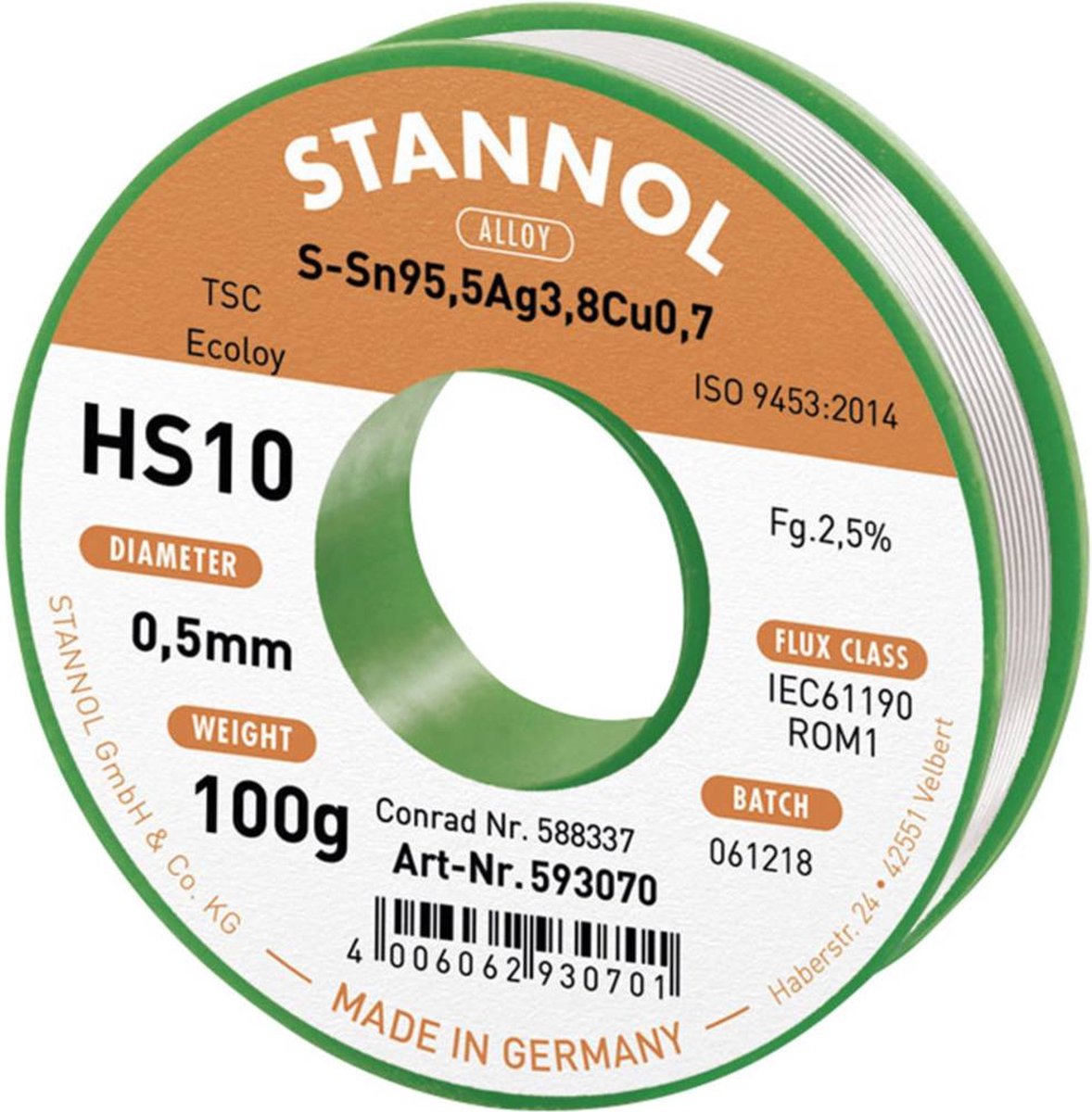 Fil à souder sans plomb HS10 2510 Stannol Alliage (détails) Sn95Ag4Cu1