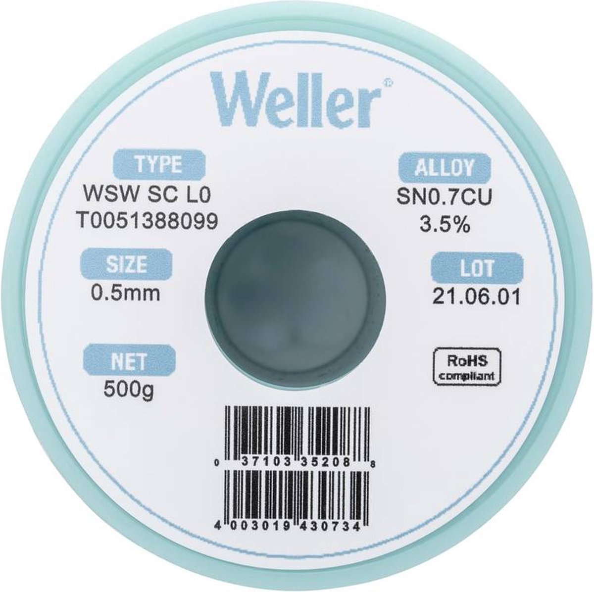 Étain à souder sans plomb Sn0,7Cu 0.5 mm Weller WSW SC L0 bobine 500 g