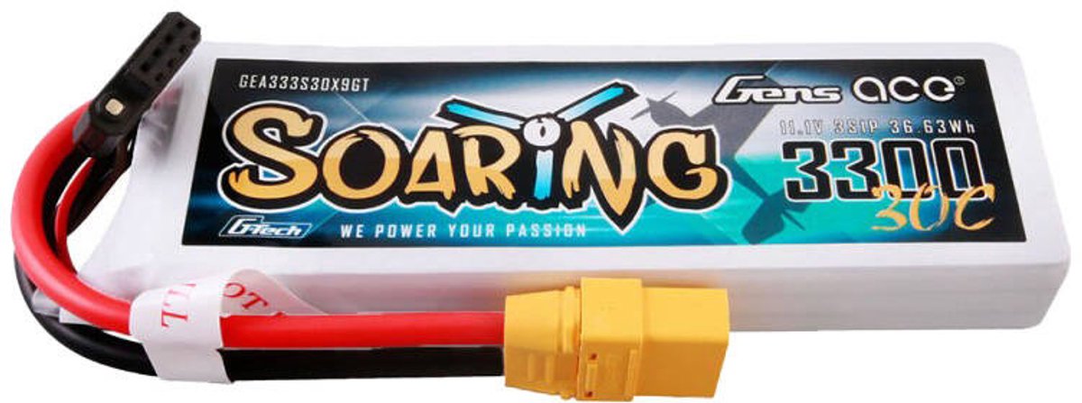 Gens ace &Tattu G-Tech Soaring 3300mAh 11.1V 30C 3S1P Lipo Battery Pack with XT90 plug