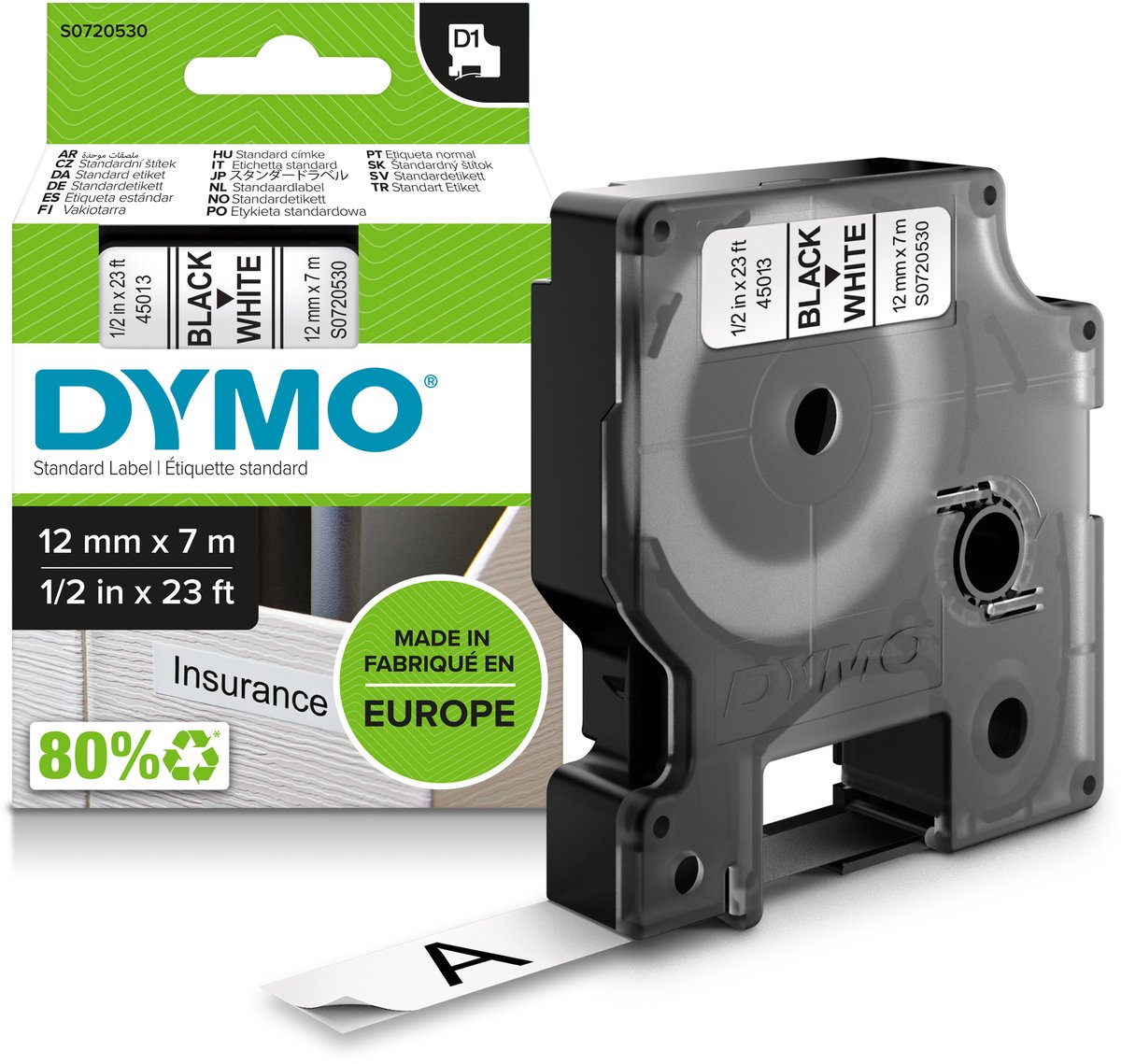 DYMO D1 tape | 12mm x 7m rulle | sort på hvid
