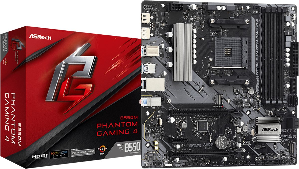 ASRock B550M Phantom Gaming 4 Carte mère Socket (PC) AMD AM4 Facteur de forme (détails) Micro-ATX Chipset de la carte mère AMD® B550