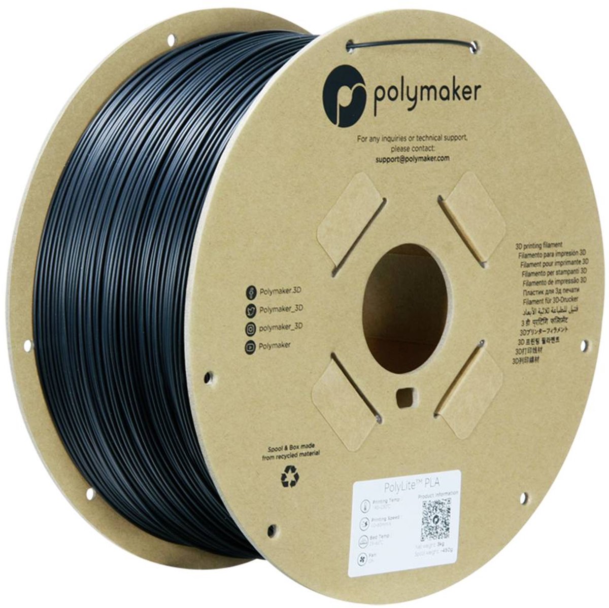 Polymaker PA02037 Polymaker PolyLite PLA Filament True Black 1.75 mm / 3kg Filament PLA rigidité élevée, résistance élevée à la traction 1.75 mm 3000 g noir