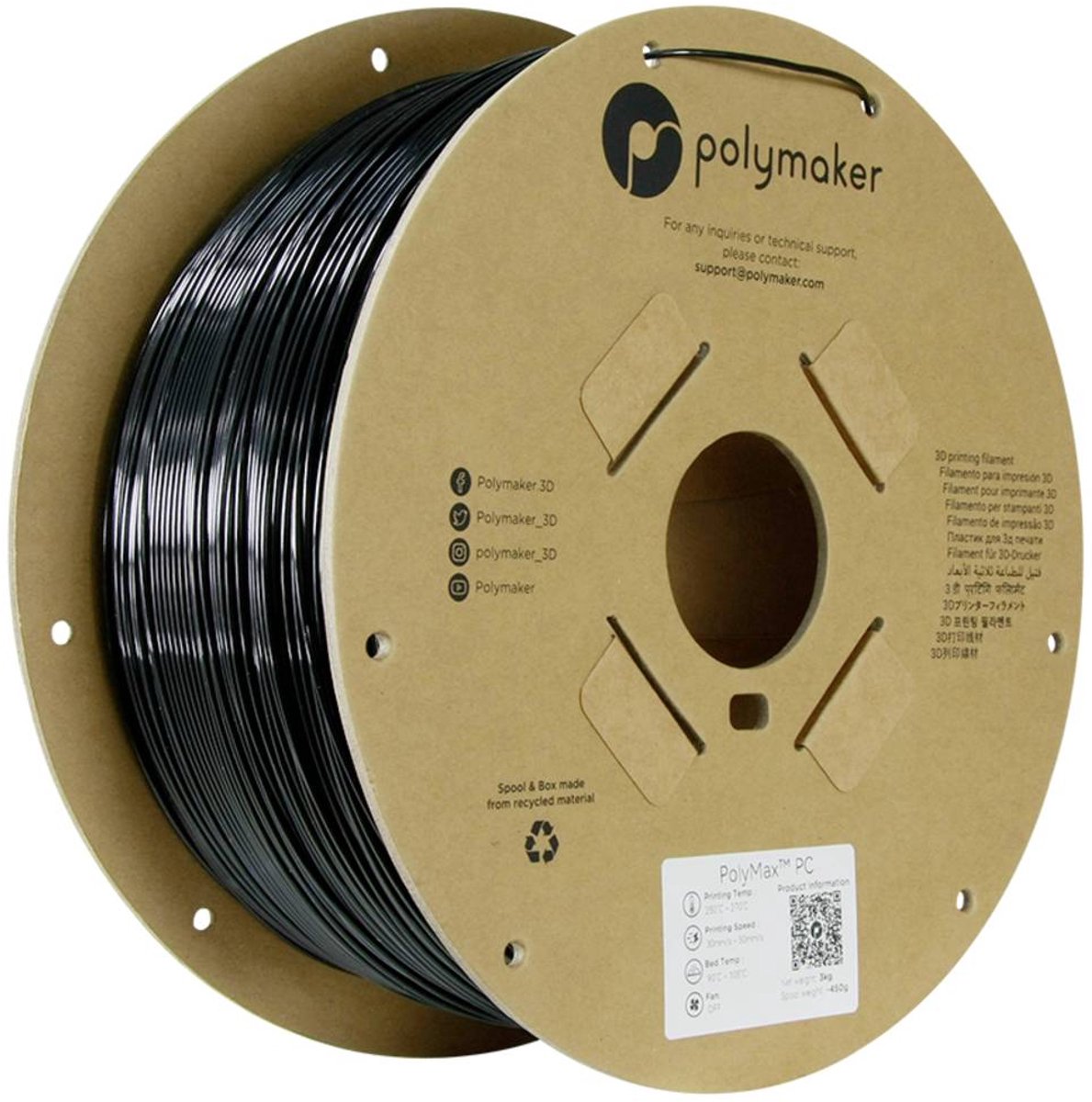 Polymaker PC02007 6938936712770 Filament PC (polycarbonate) résiste aux chocs, résiste à la chaleur 1.75 mm 3000 g noir PolyMax™ 1 pc(s)