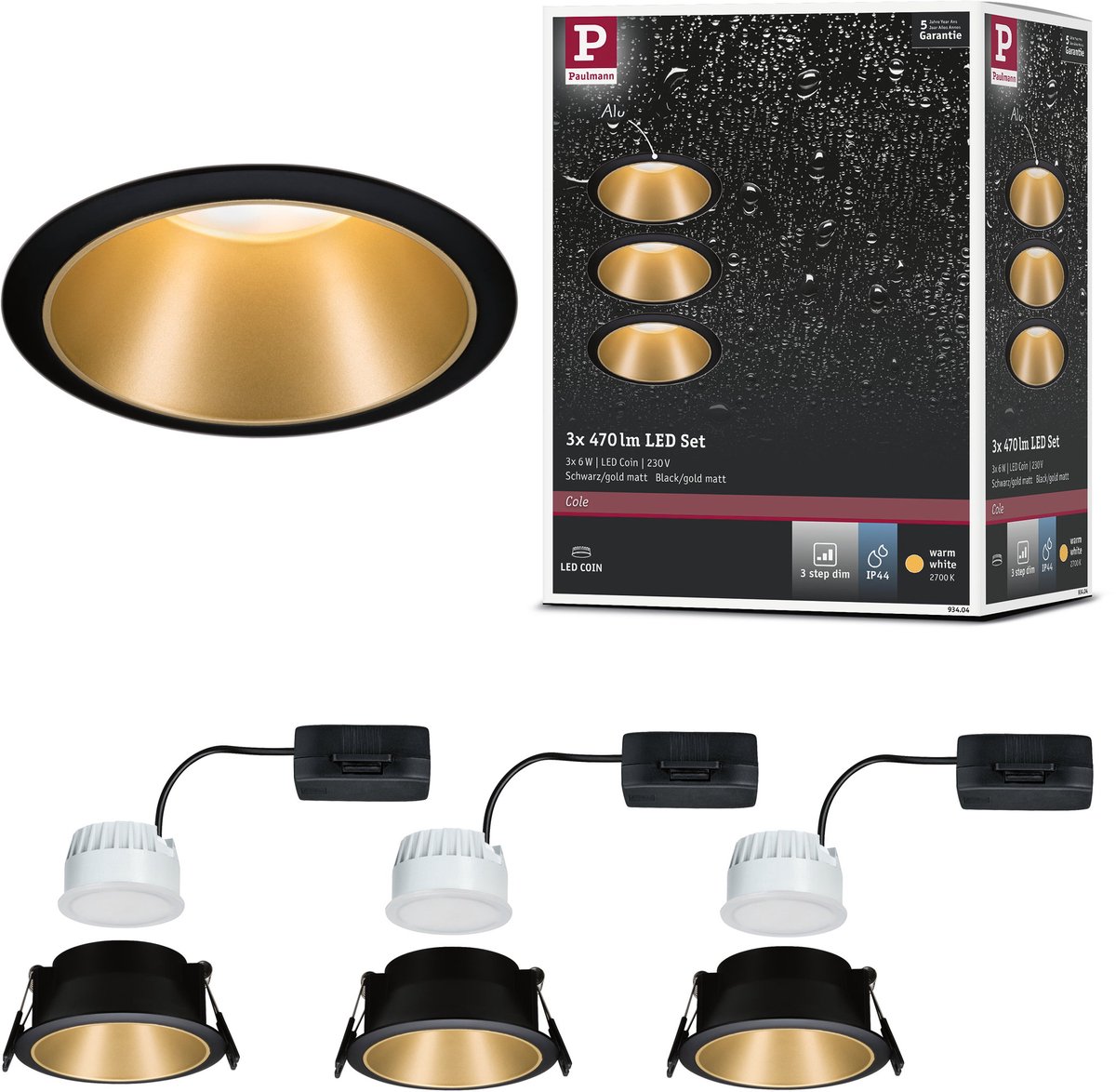 Spot encastrable Paulmann 93404 Cole Coin jeu de 3 LED LED 6 W noir, or