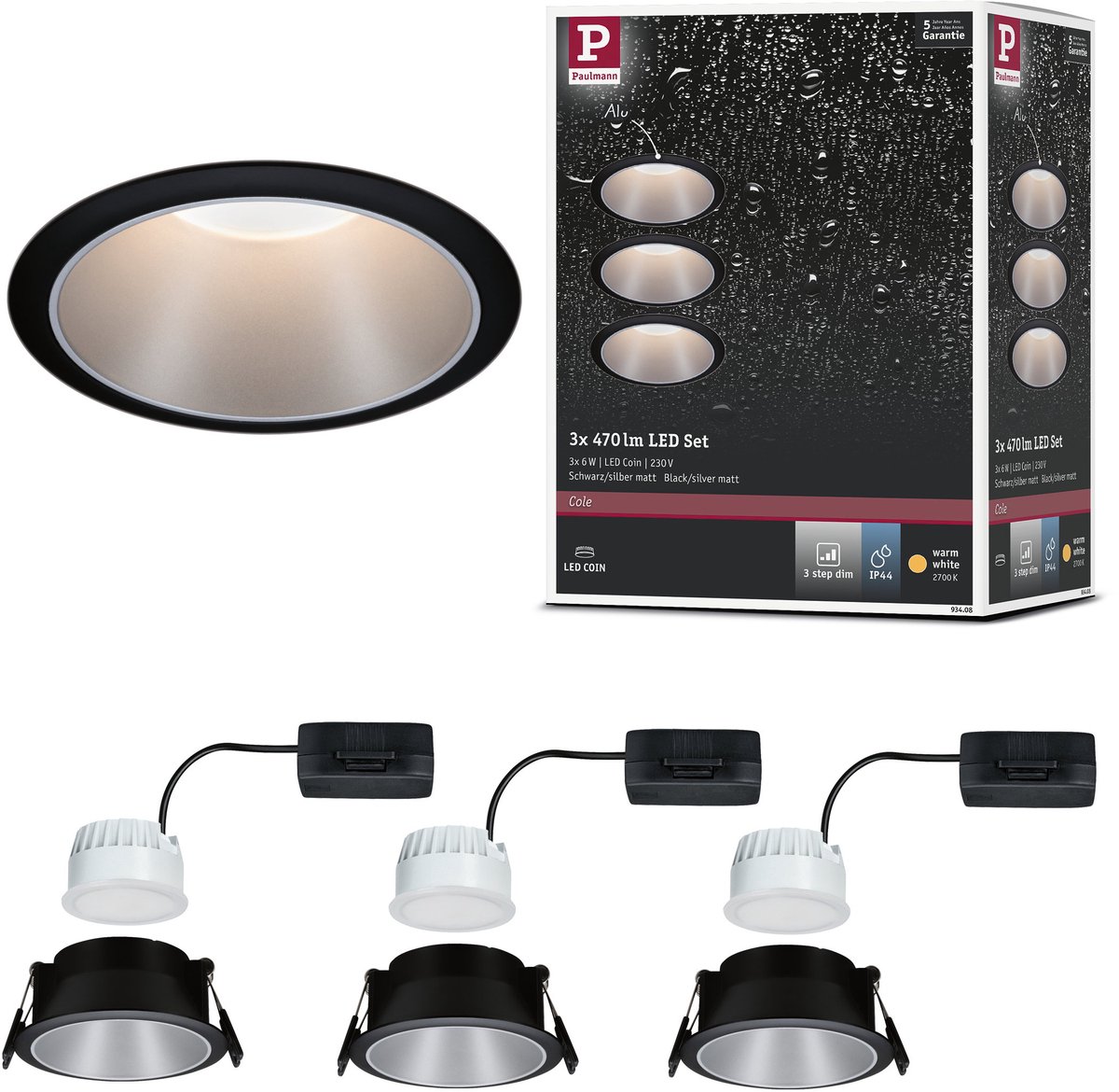 Paulmann 93408 Cole Coin Spot encastrable jeu de 3 LED LED 18 W noir, argent