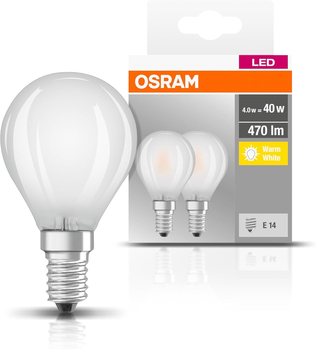 Osram LED pære - LED light bulb - shape: P45 - frosted finish - E14 - 4 W - warm white light - 2700 K (pack of 2) E14