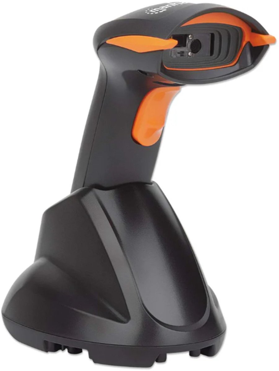Manhattan Wireless 2D Lecteur de code-barres sans fil 2D radio 1D, 2D CCD noir, orange scanner à main avec pied USB-A