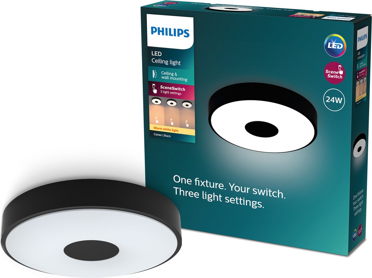 Philips Coiner loftslampe Ø394 mm, 24W, 2700K SceneSwitch, sort