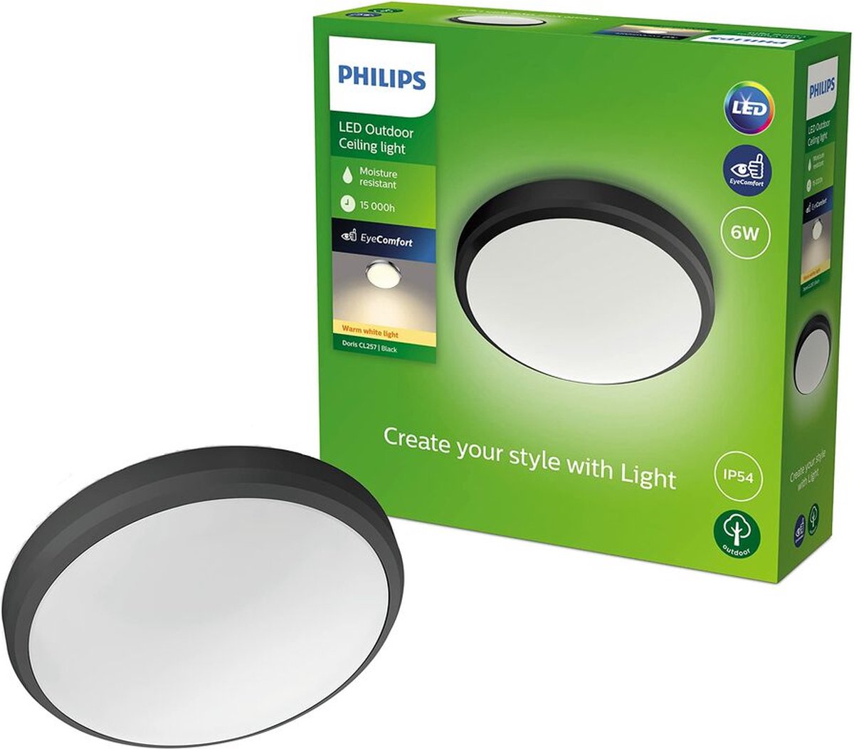 Philips Doris Ceiling 6W 27K Black IP54 HV