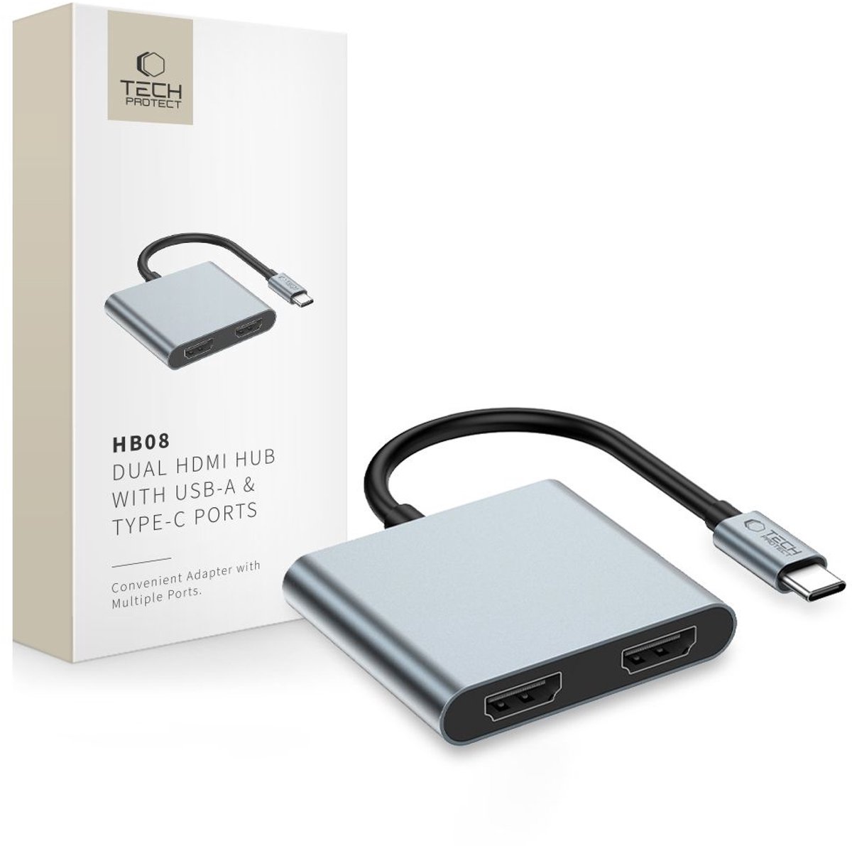 Tech-Protect HB08 4-in-1 USB-C + USB2.0 + 2 x HDMI 4K 60HZ Adapter - Grey USB hub - USB 2.0 - 2 ports - Grå
