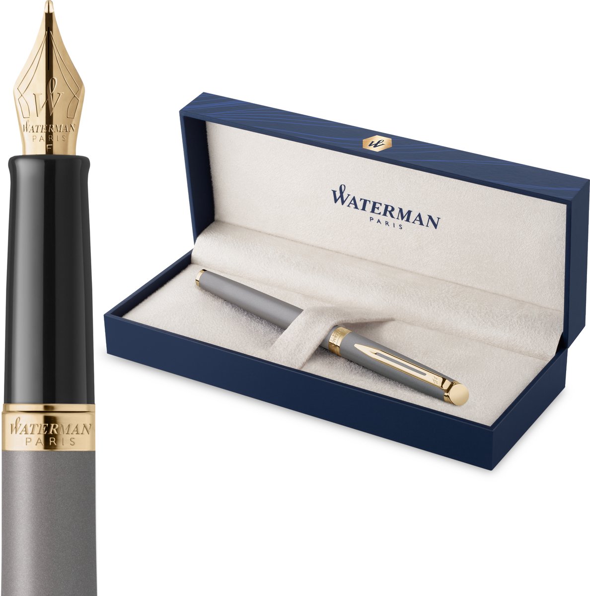 Waterman Hémisphère Fyldepen | Stone Grey (The Understated Edit Collection) | Fin Spids med Blåt Blæk | Gaveæske