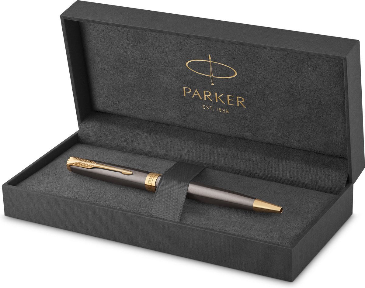 Parker Sonnet Kuglepen | Grålakeret med guldbeklædning | Medium spids | Sort blækpatron | Gaveæske