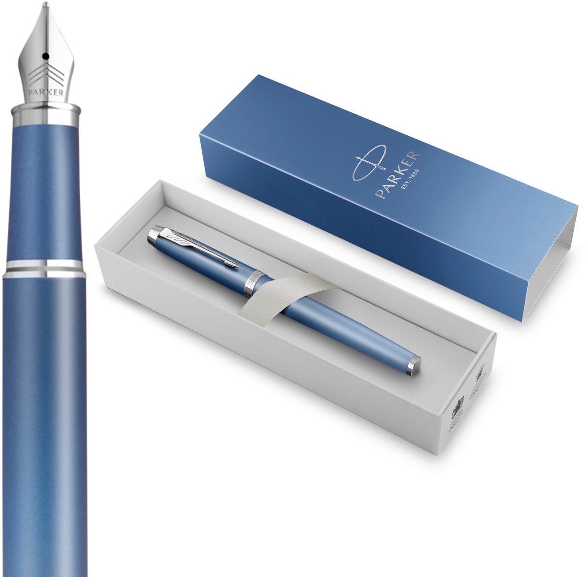 Parker IM Writing Rituals Fyldepen, Peaceful Blue finish & krombeklædning, Medium spids, Blå blækpatron, Gaveæske