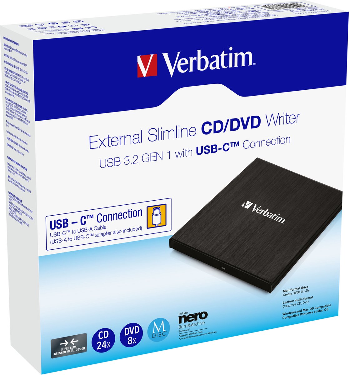 Verbatim Slimline - DVD±RW (±R DL) drive - USB 3.2 Gen 1 - external - DVD-RW (Brænder) - USB 3.2 Gen 1 - Sort